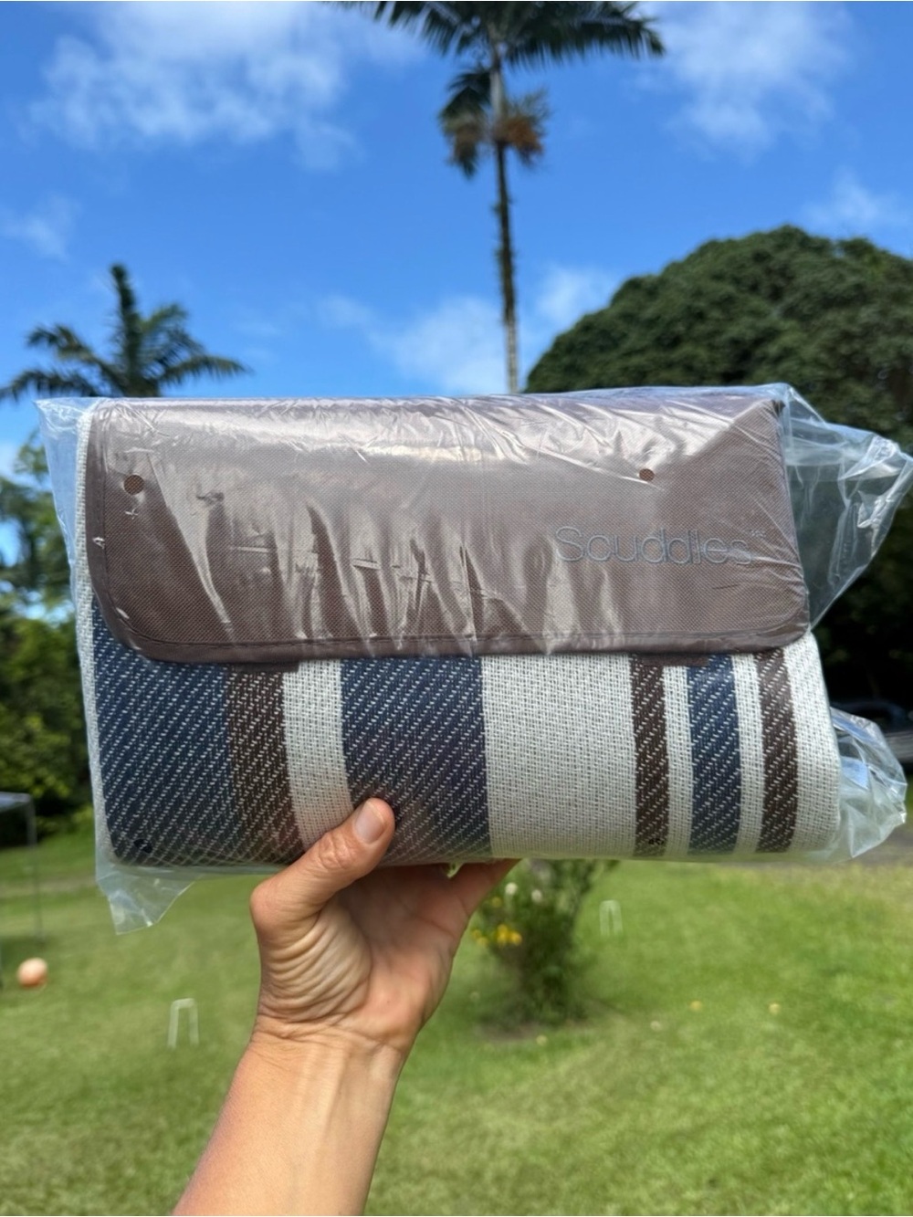 Striped Foldable Picnic Blanket with Brown Faux-Leather Handle